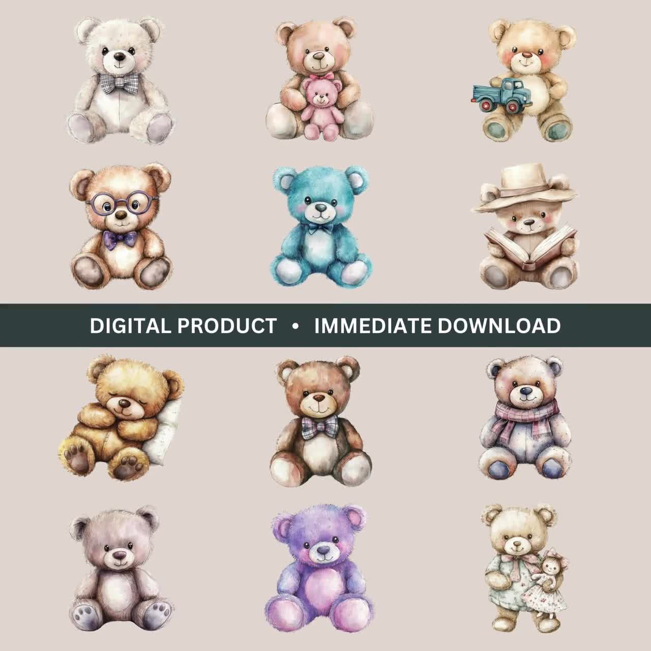 水彩テディベアセット、かわいいクマのクリップアートPNG12枚、保育園