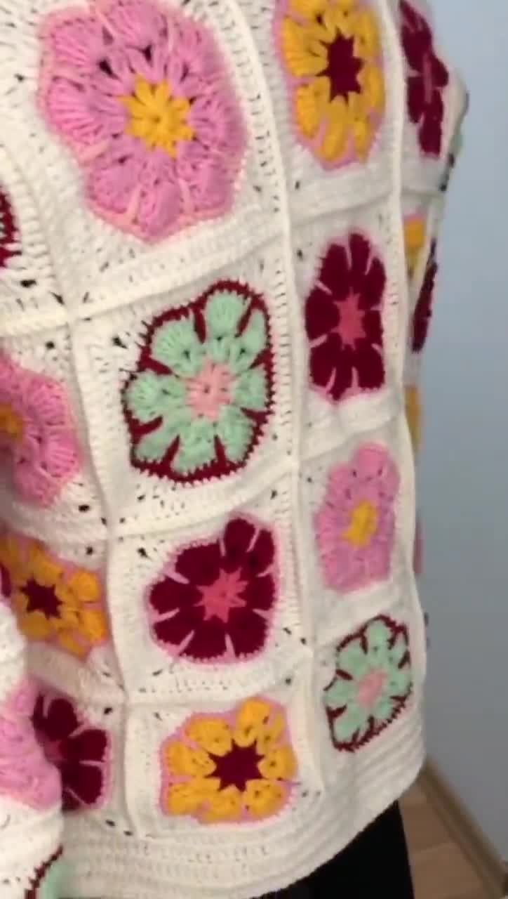 White Crochet African Flower Sweater, Crochet Daisy Top