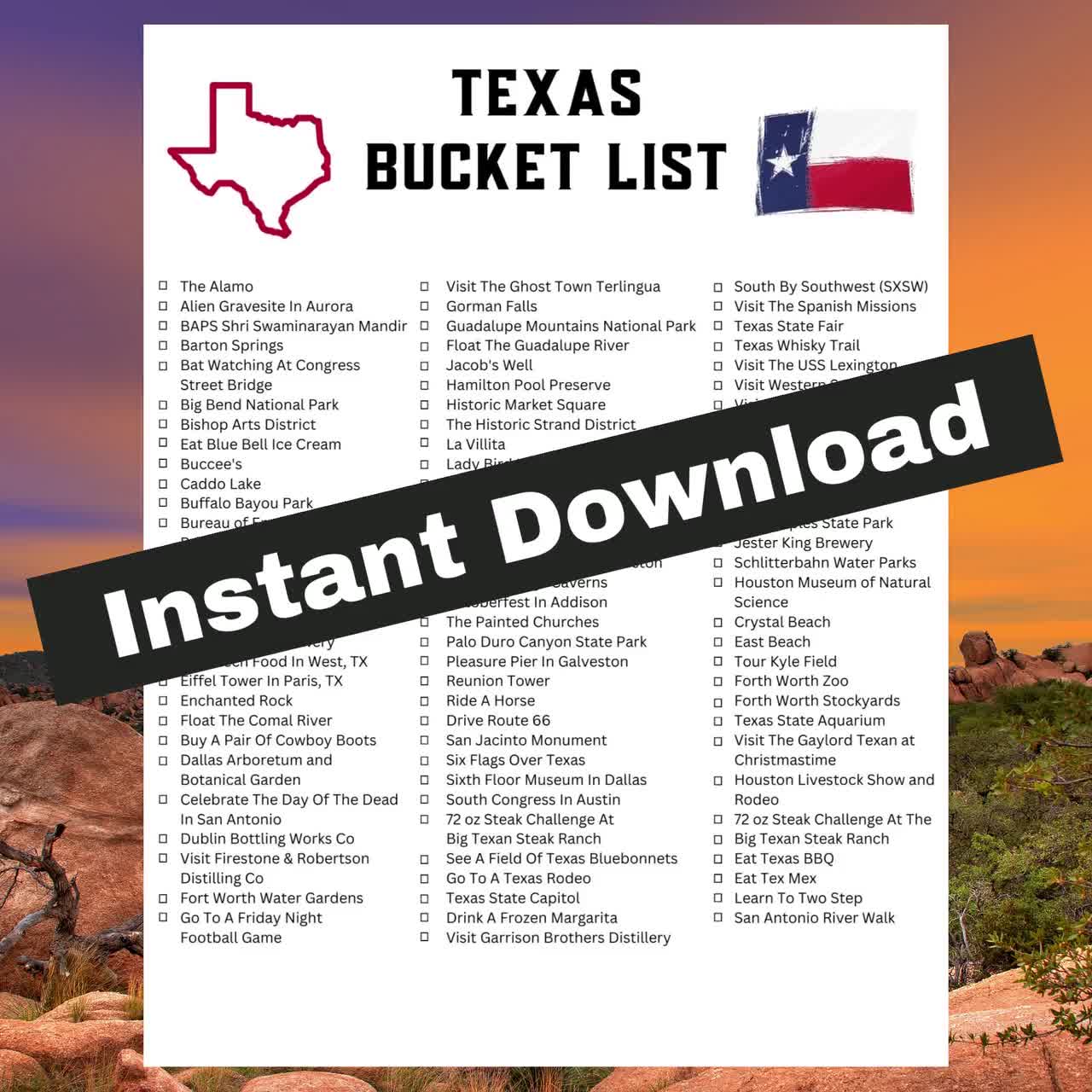 Texas Bucket List Coloring Book- Printable