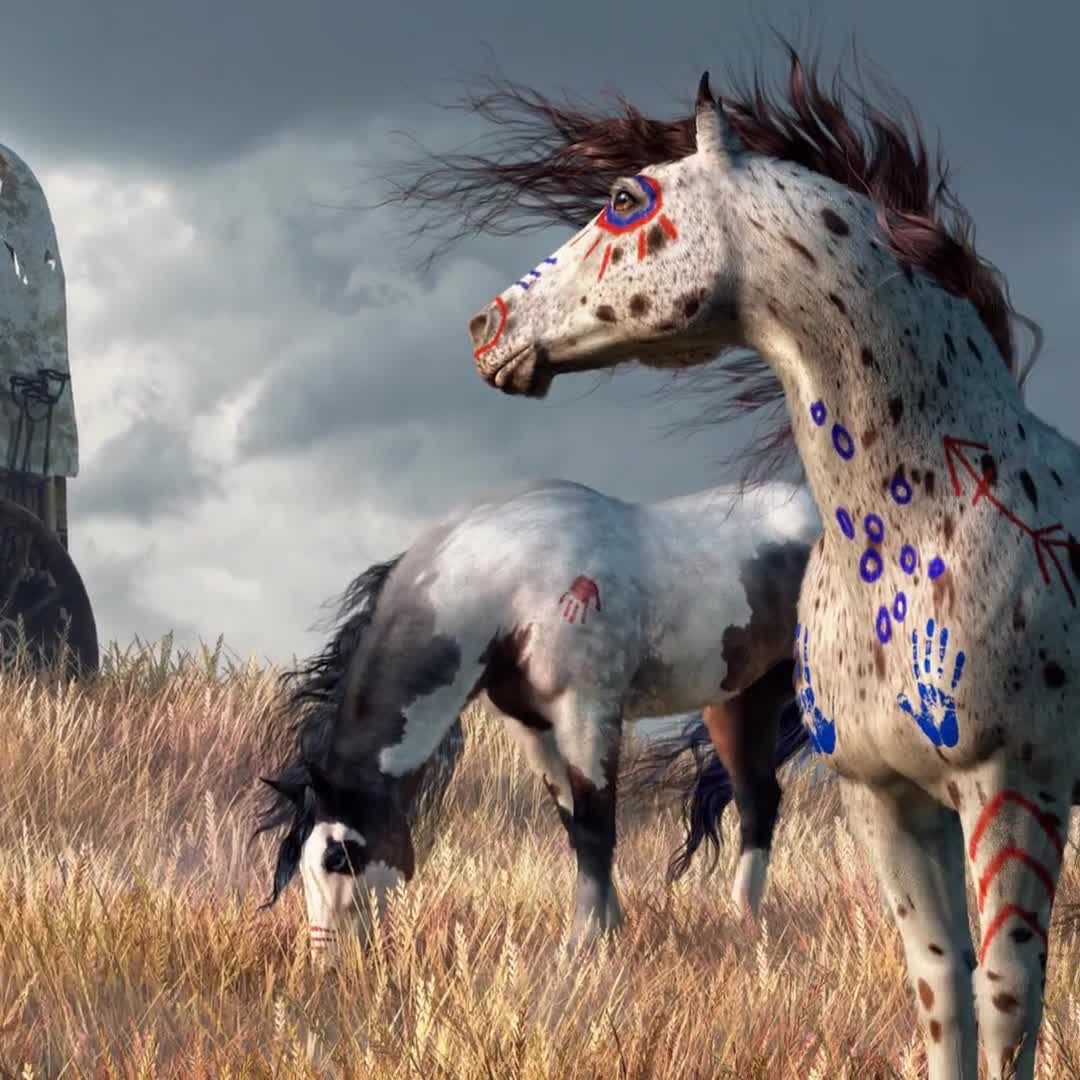 決して到着しなかった人々、決して戻らなかった人々 ― ワイルドウェストネイティブアメリカン軍馬アートプリント, image size:1080x1080