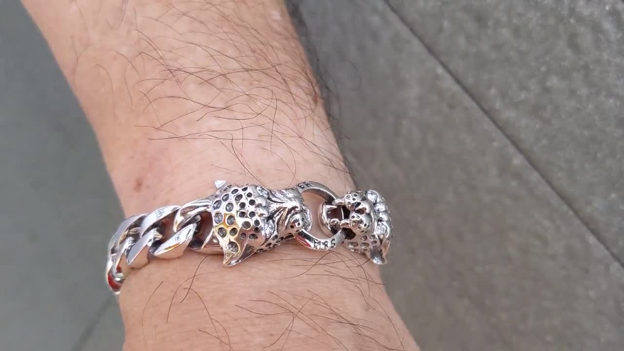 Gray Jasper Beaded 925 Silver Tiger Bracelet