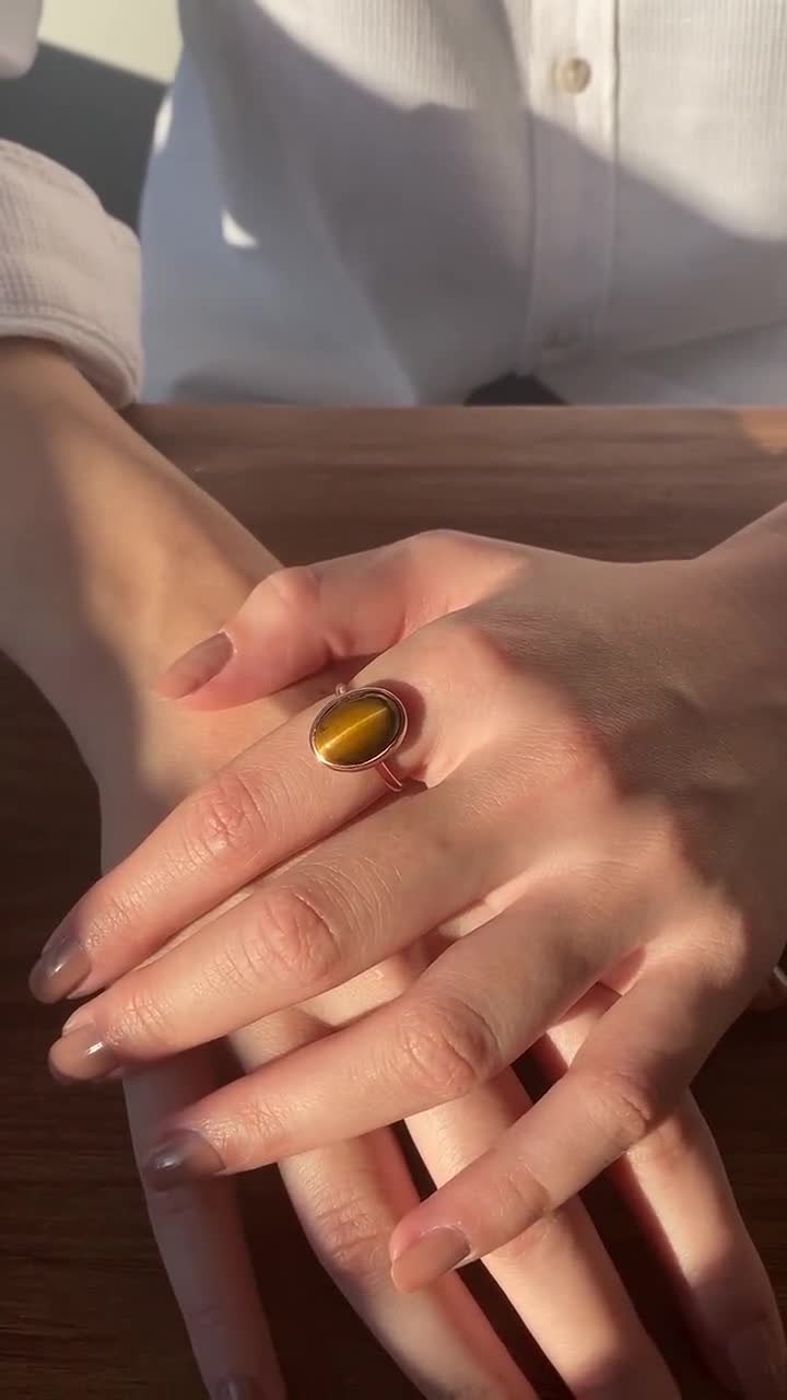 Tiger Eye Statement Ring, Brown Gemstone Ring, Shiny Gold