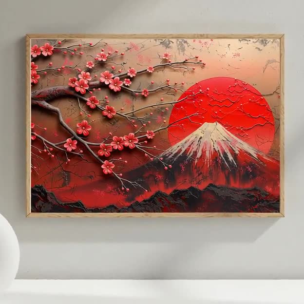 Red Mount Fuji With Cherry Blossoms | Textured 3D Look Japanese