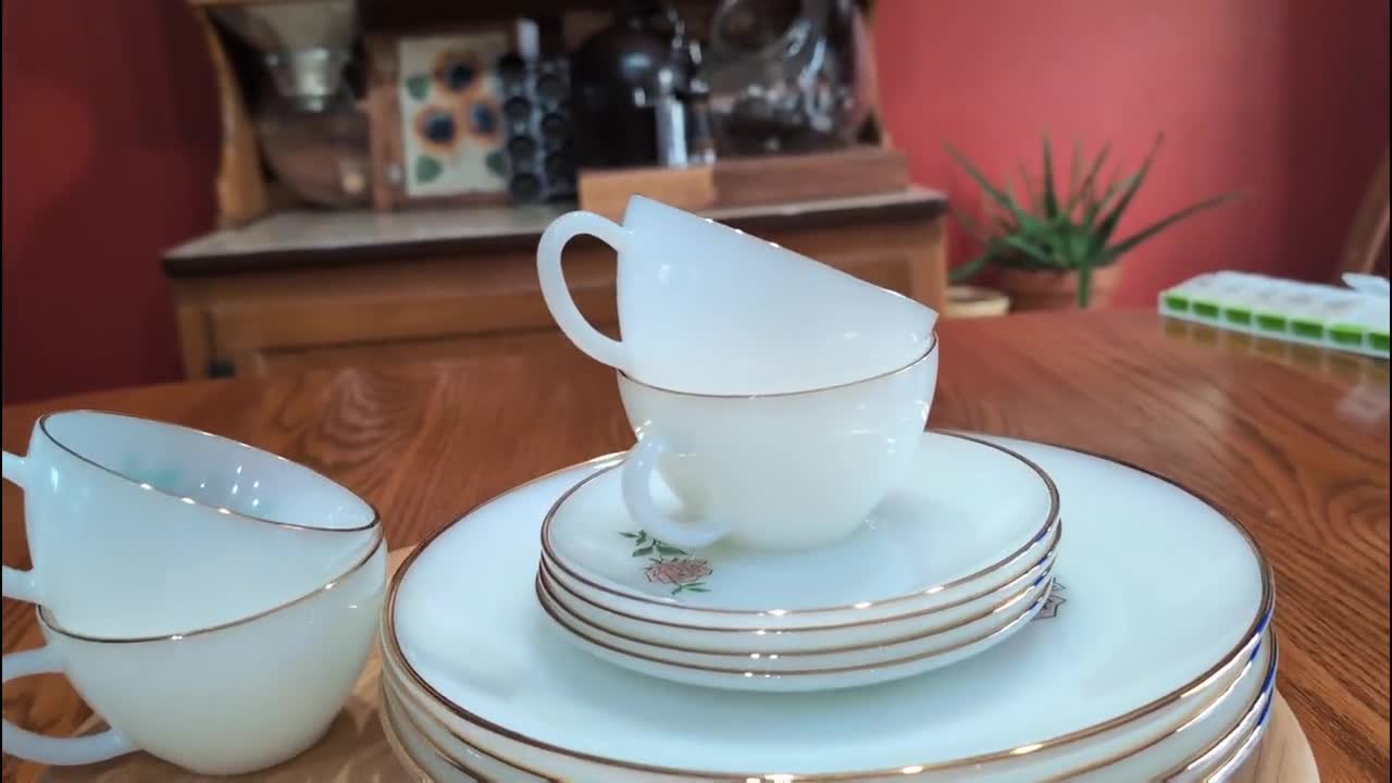 Vintage Fire-king “primrose” Style Milk Glass Dinnerware Set