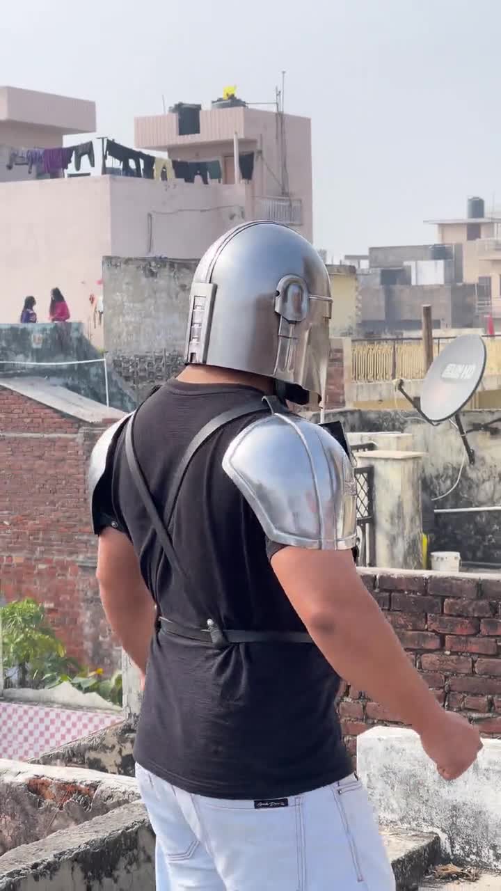 Handmade Mandalorian Armor Full Set Metal Costume Beskar Steel Style Helmet & Chest Plate Star Wars Cosplay Suit Halloween Costume video poster