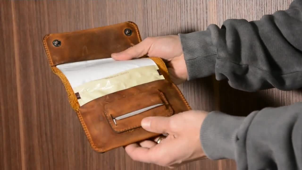 brown leather tobacco pouch with lighter case paper holder and filter  pocket Nurem