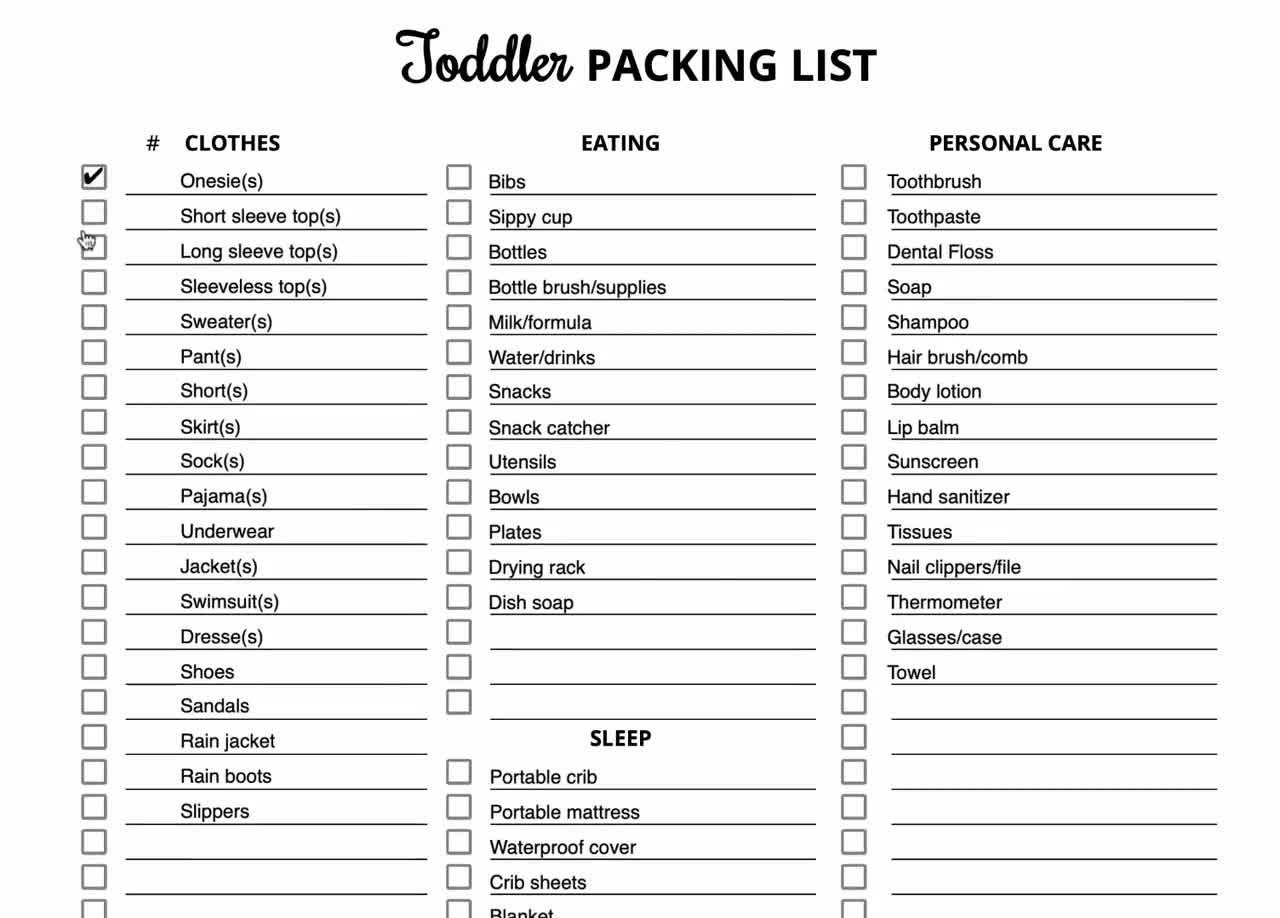 Baby & Toddler Travel Essentials Packing List Instant PDF Download