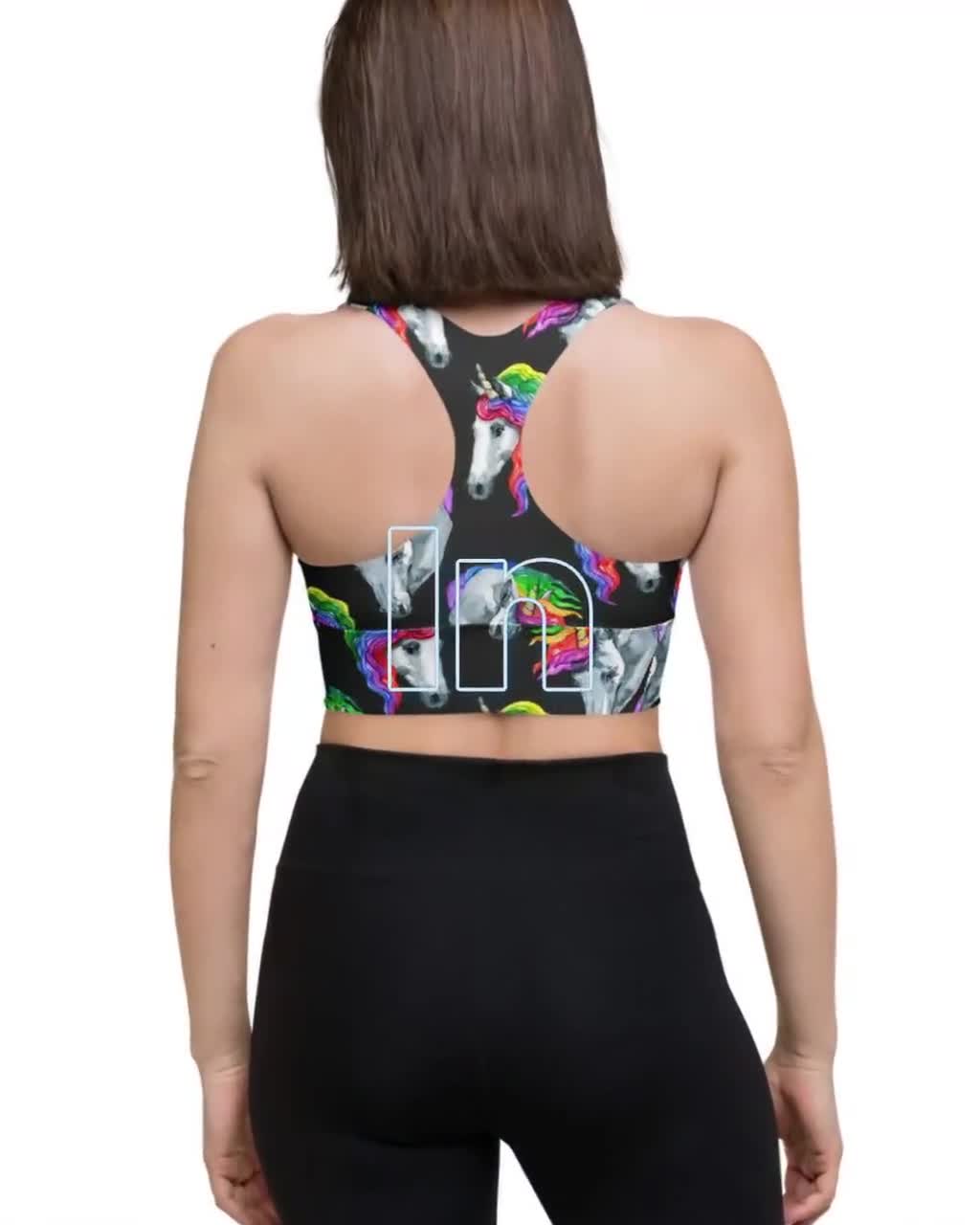 Rainbow Unicorn Design Longline Sports Bra Compression, No See-see-through,  Removable Padding, Double Layer Front 
