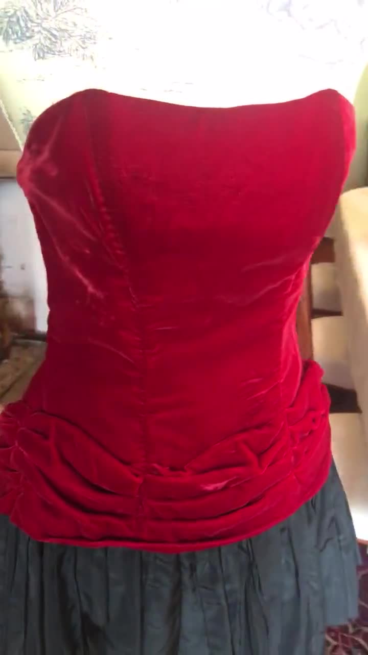 1950s Crimson Velvet Corset-style Top With Hourglass Draping: as