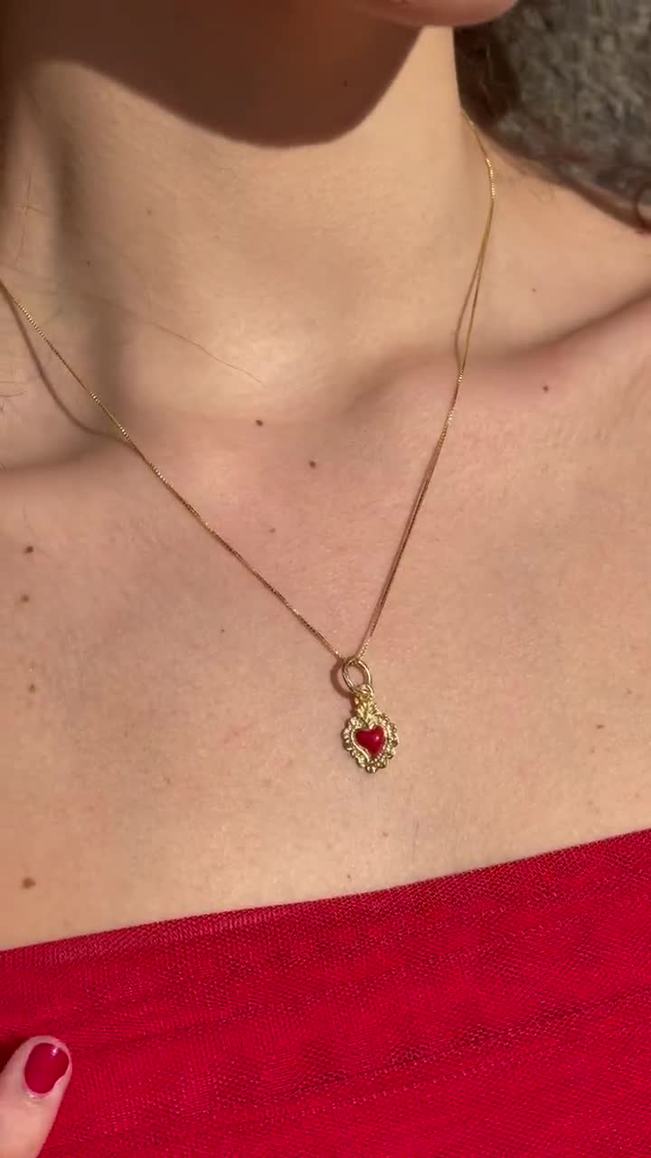 Collana Cuore Sacro con Pietre Rosse Argento 925 Rosé