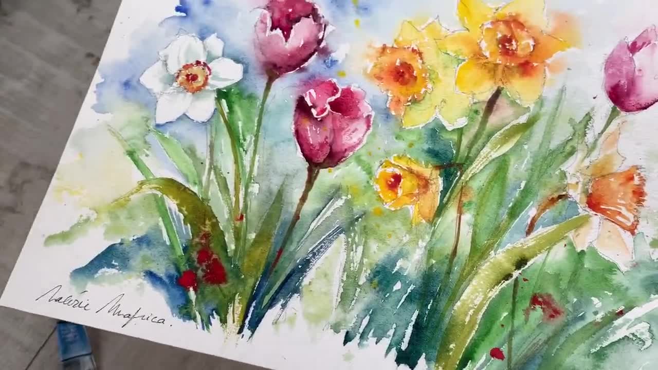 Spring flowers with super vibrant QOR watercolors (I'll leave a link to the  full demo video in comments ❤️🌺🎨 Enjoy! : r/Watercolor