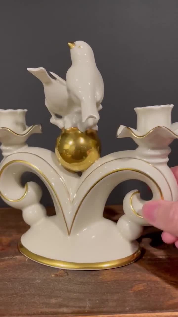 パール ゴールド ホワイト クリスタル ヴィンテージ Vintage Gerold Porzellan Candelabra: Bavaria Gold Accent Bird