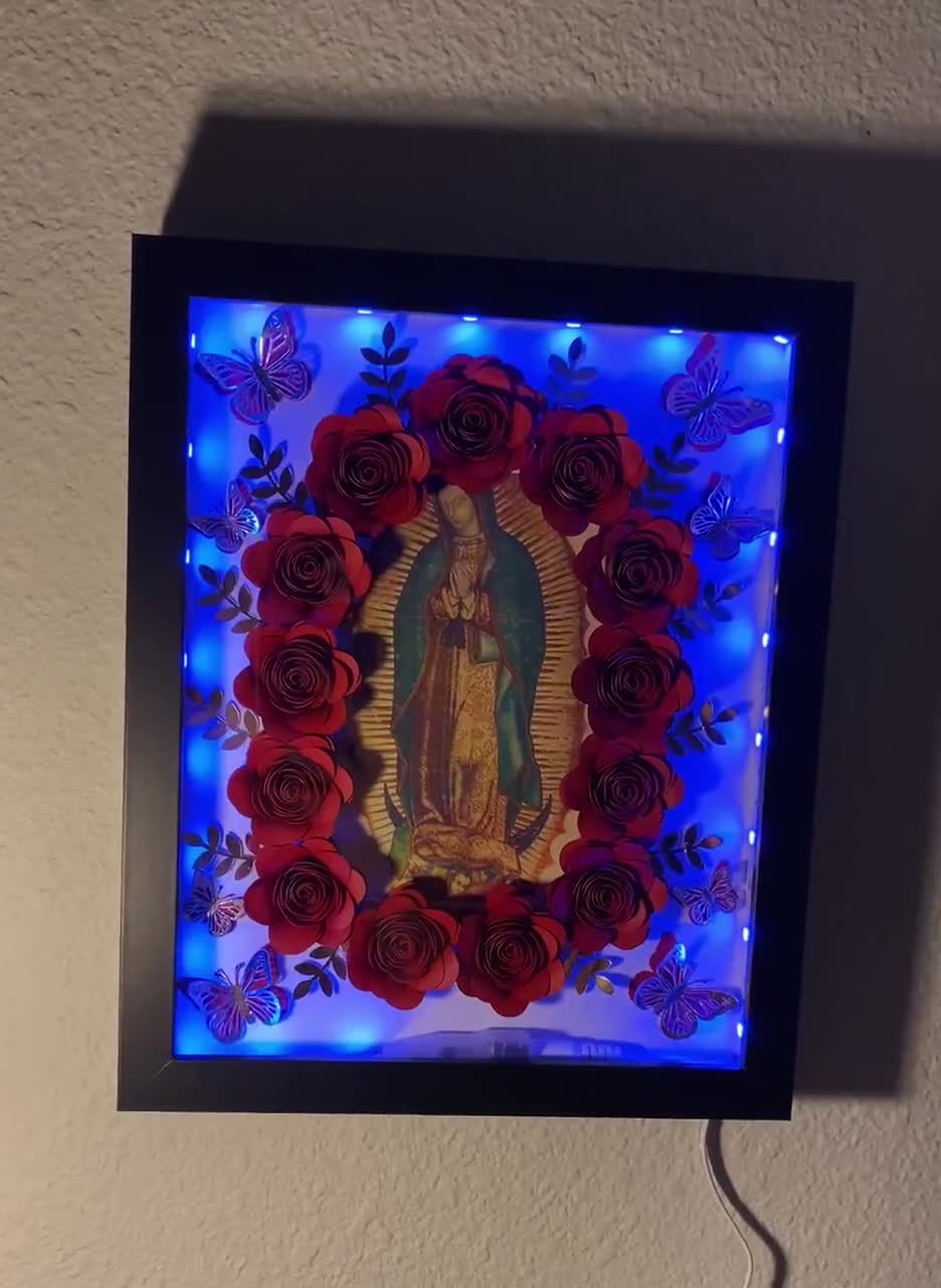 Virgen De Guadalupe Shadow Box With Lights and Flowers 