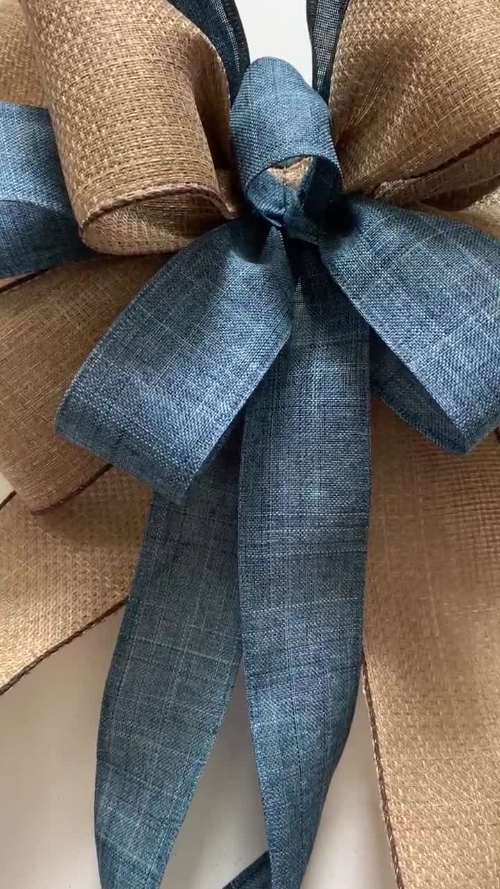 Blue Denim Burlap Ribbon Bow, Farmhouse beige Blue Wreath