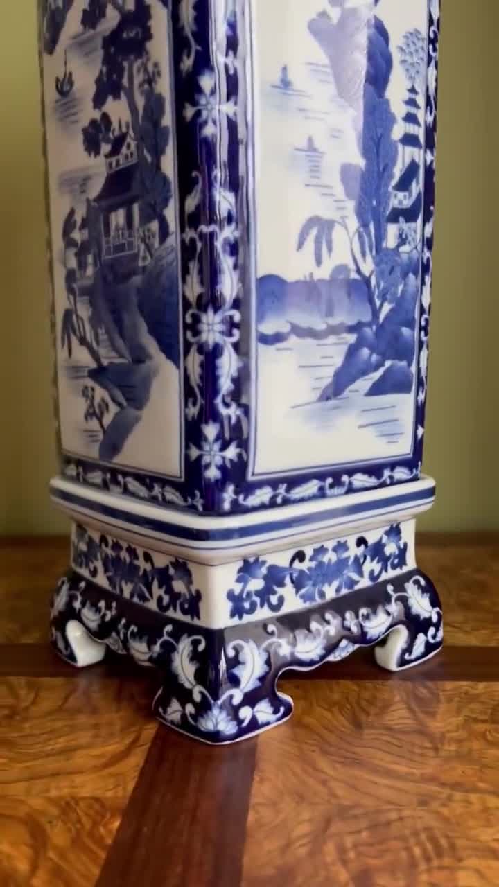 Vintage Bombay China White and Blue Porcelain Vase with Base/Chinese  Landscape White and Blue Tall Pedestal Vase