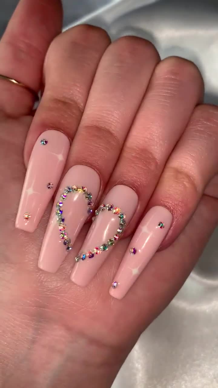 Pink Heart Rhinestone False Pink Nails Set With Detachable Press On Design,  Short Ballet Full Cover Acrylic Tips From Qinjinqiu, $32.22