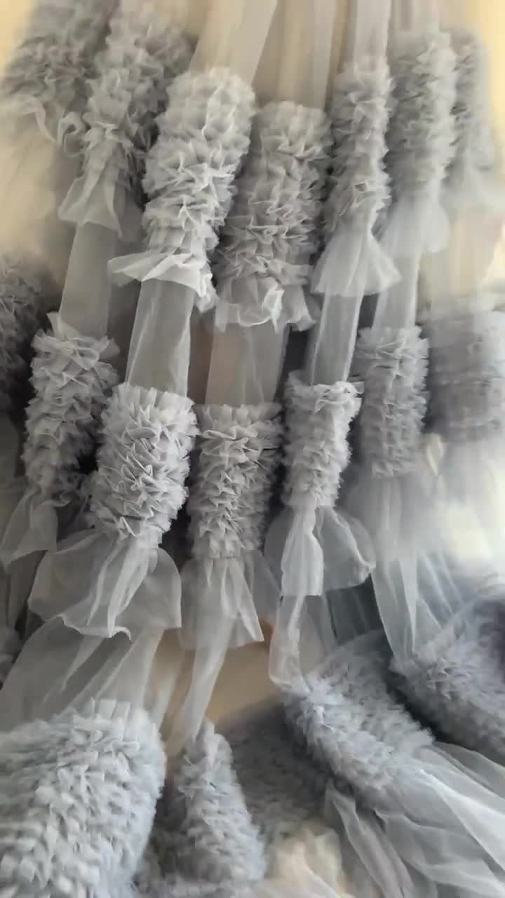 Puffy Dust Blue Ruffle Fabric for Cake Dress, Soft Tulle
