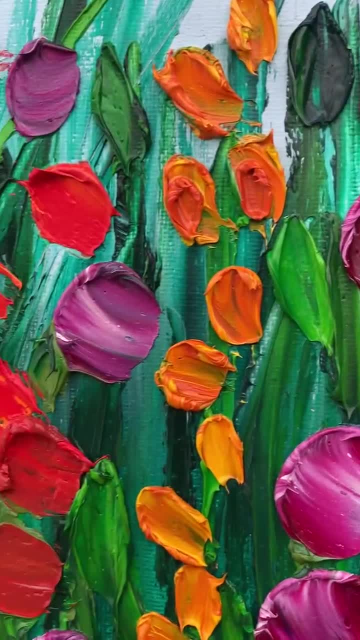 Original Floral Painting Stretched Canvas Thick Acrylic Paints Palette  Knife Strokes Abstract Wall Art 12x16 RED FLORAL DOLLOPS 