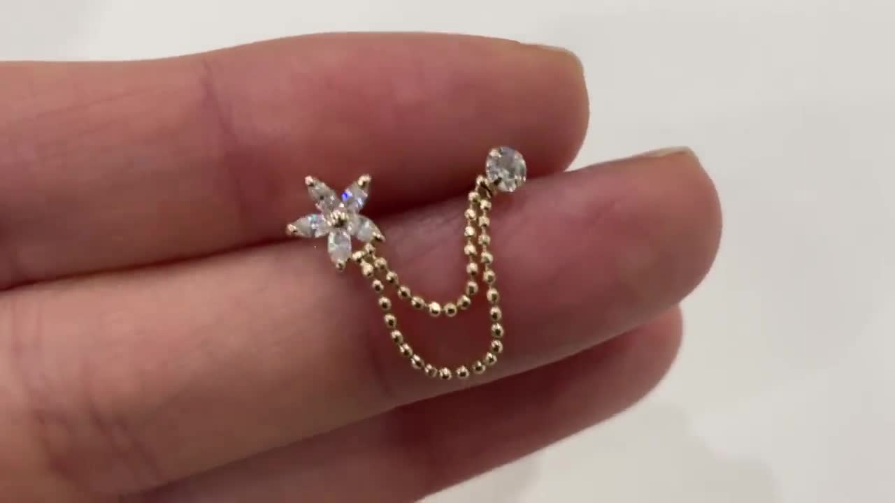 14K Solid Gold Double Chain Stud Earring - TGE43004 - Etsy 14K Solid Gold Double Chain Stud Earring - TGE43004 - Etsy