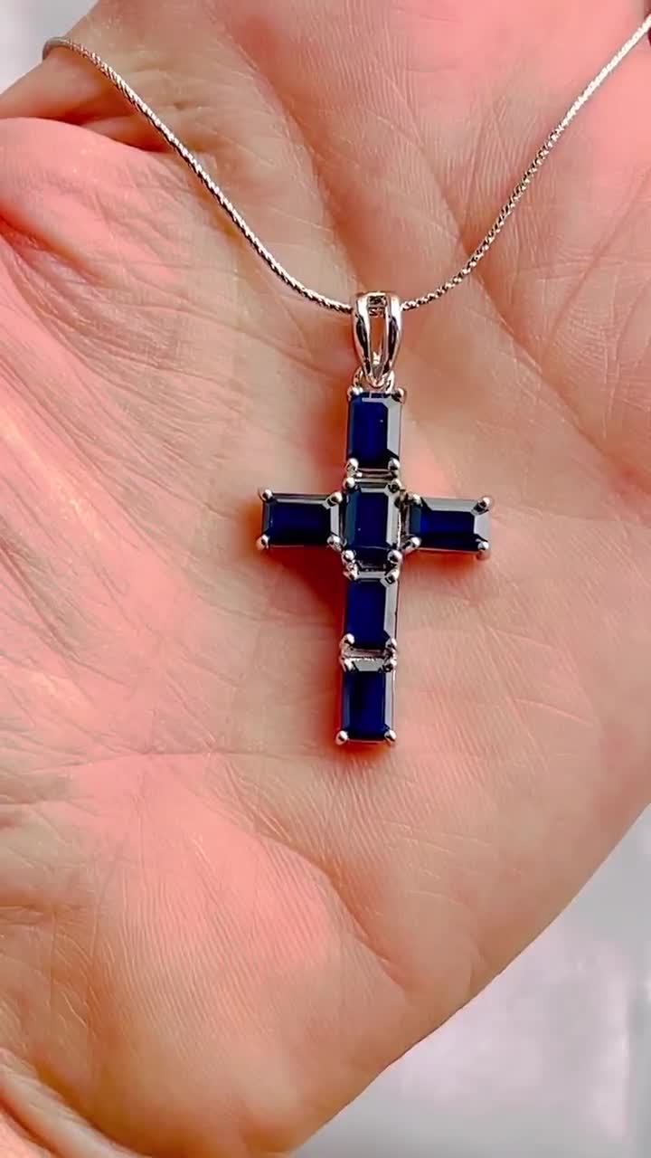 Genuine Blue Sapphire Gemstone Silver Cross Pendant Necklace - Etsy