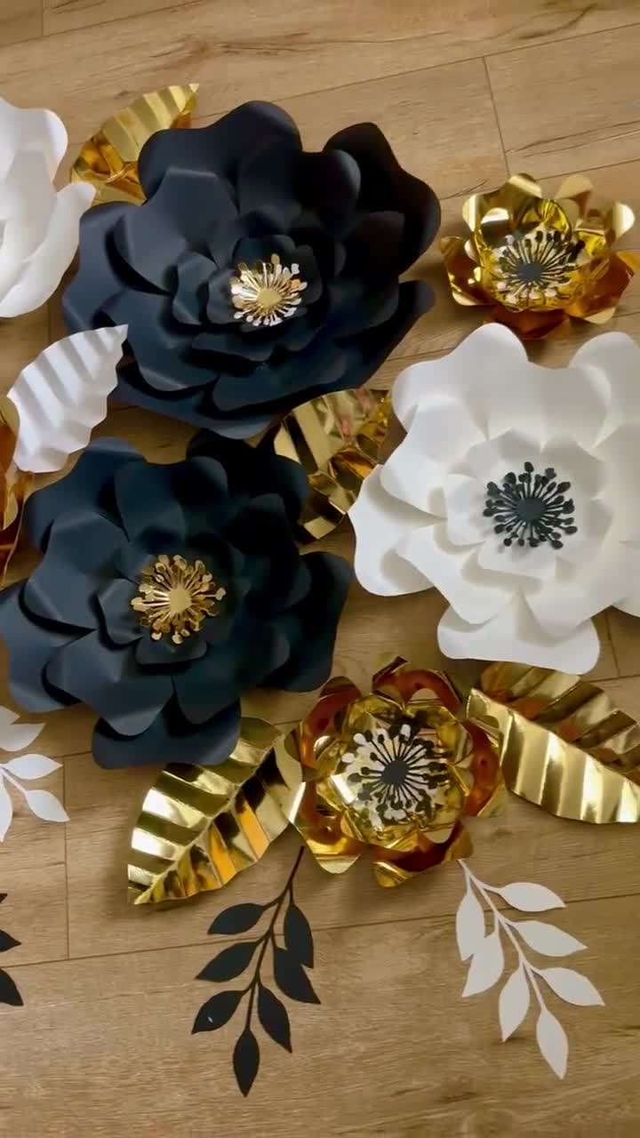 Fonder Mols 3D Paper Flower Decorations(Set of 13, White Black Gold), Giant  Paper Flowers for Wedding Backdrop, Graduation Party, Bridal Shower