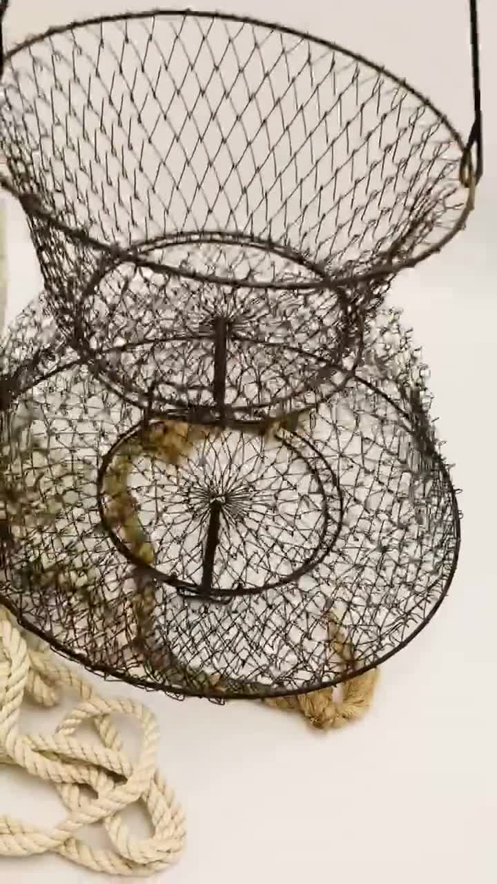 Vintage Wire Fishing Basket Large Collapsible Wire Mesh With 2