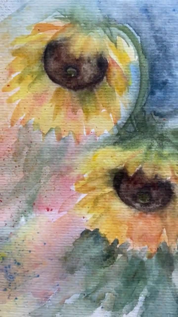 オリジナルひまわり水彩画：花の壁アート（8x6） - Etsy 日本