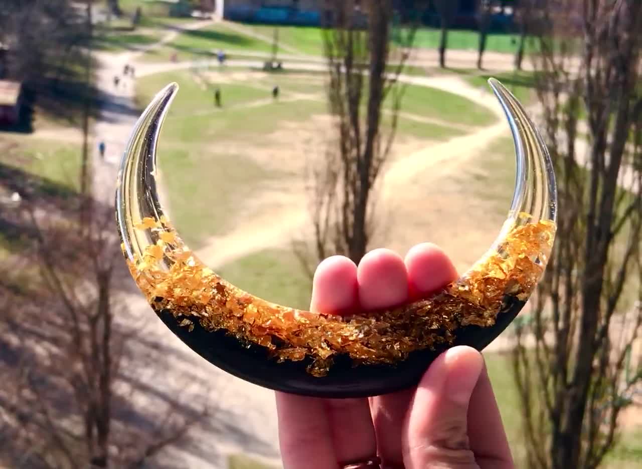 Crescent Moon Hair Stick With Black Oak Wood, Resin and Gold