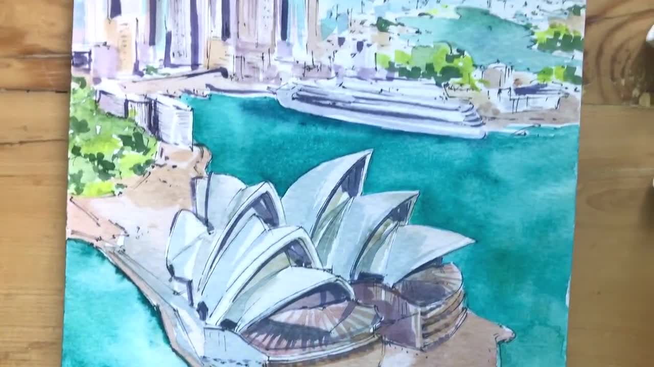 オーストラリアの絵画 シドニーの芸術 オリジナル水彩画 オペラハウス