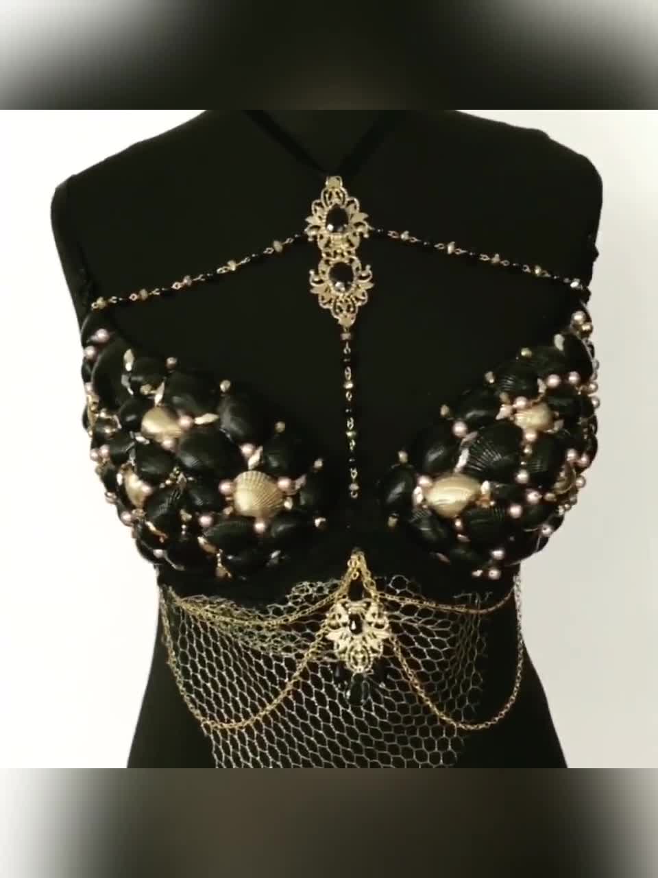 DIY Mermaid Inspired Rave Bra • Embellished with Pearls, Rhinestones, Gold  Chains, & Small-Medium Size Shells (Faux or Real).