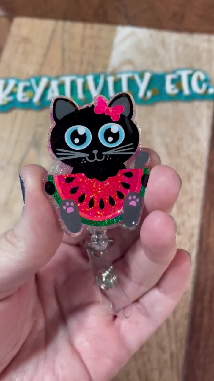 Cat Watermelon Badge Reel Eating Melon Summer Pink Seeds Black Kitty Kitten  Funny Glitter Shimmer Bright Ready to Ship 