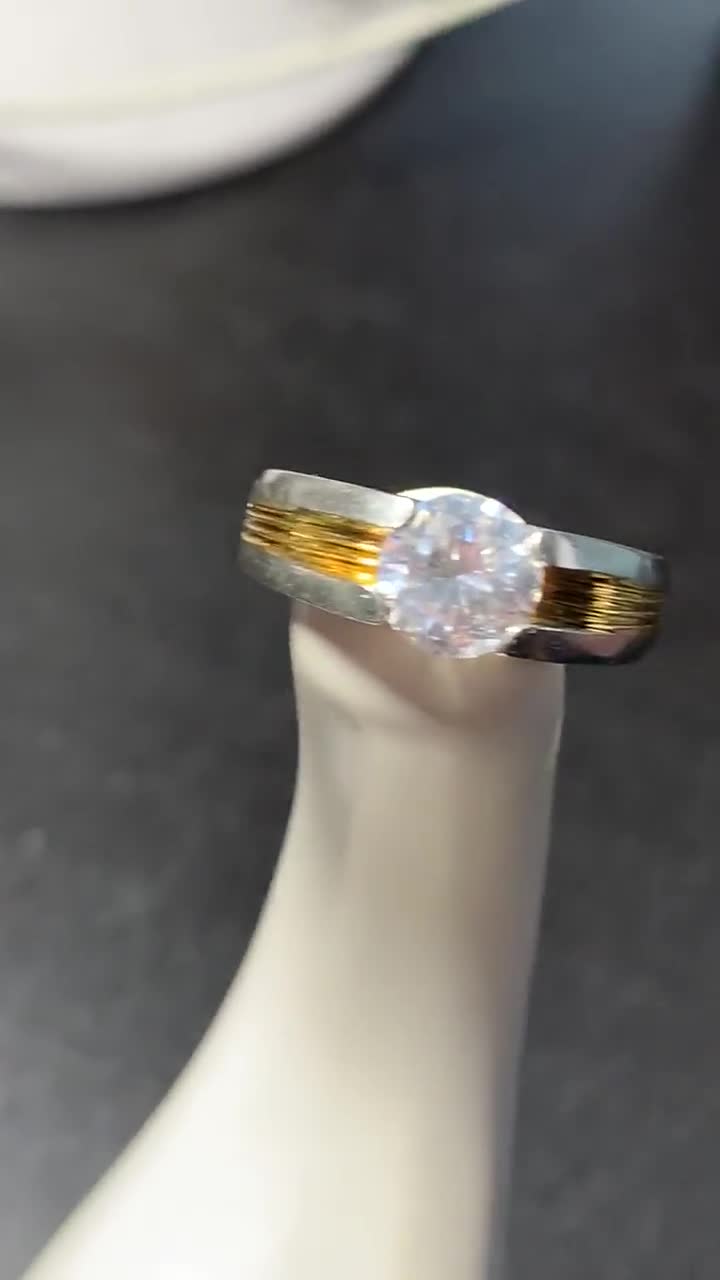 Platinum PT 900 18k Yellow Gold Ring two tone CZ stone Size 10.5 Art Deco  Vintage Jewelry band Cocktail Engagement bridal Wedding band OI