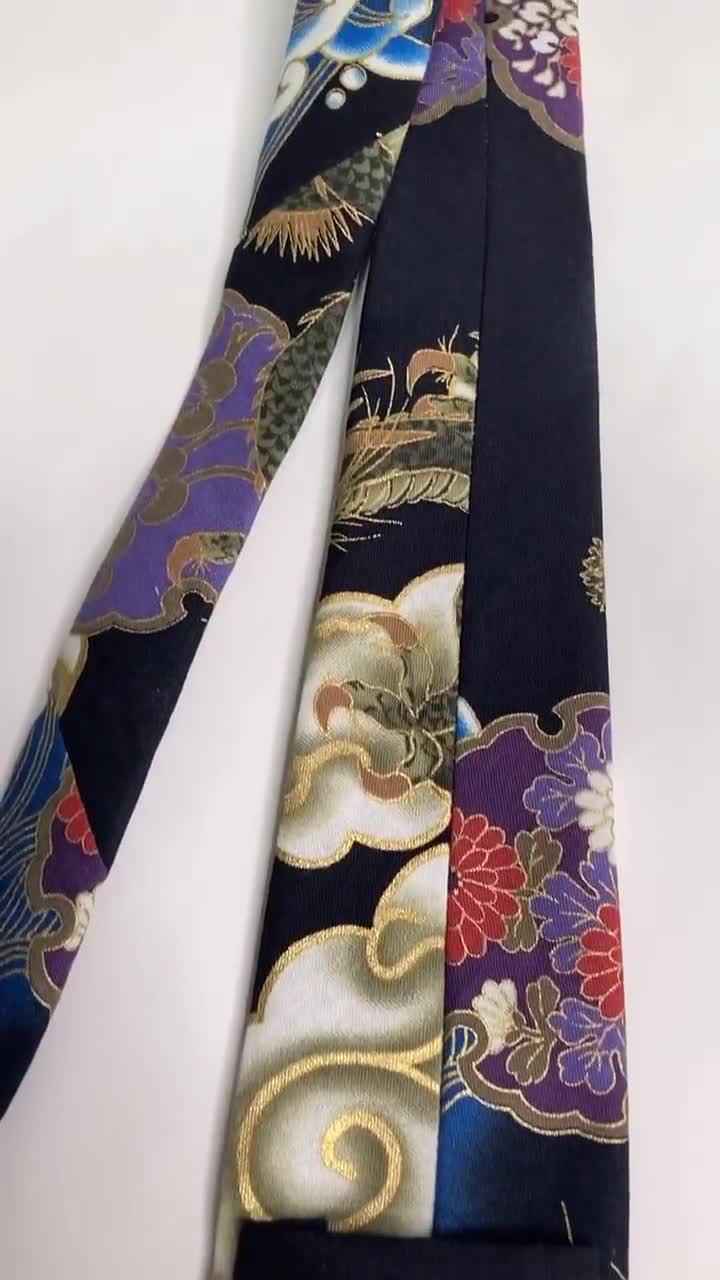 ヤクザの龍と浮世絵の波模様の着物柄ネクタイ - 日本製ハンドメイド