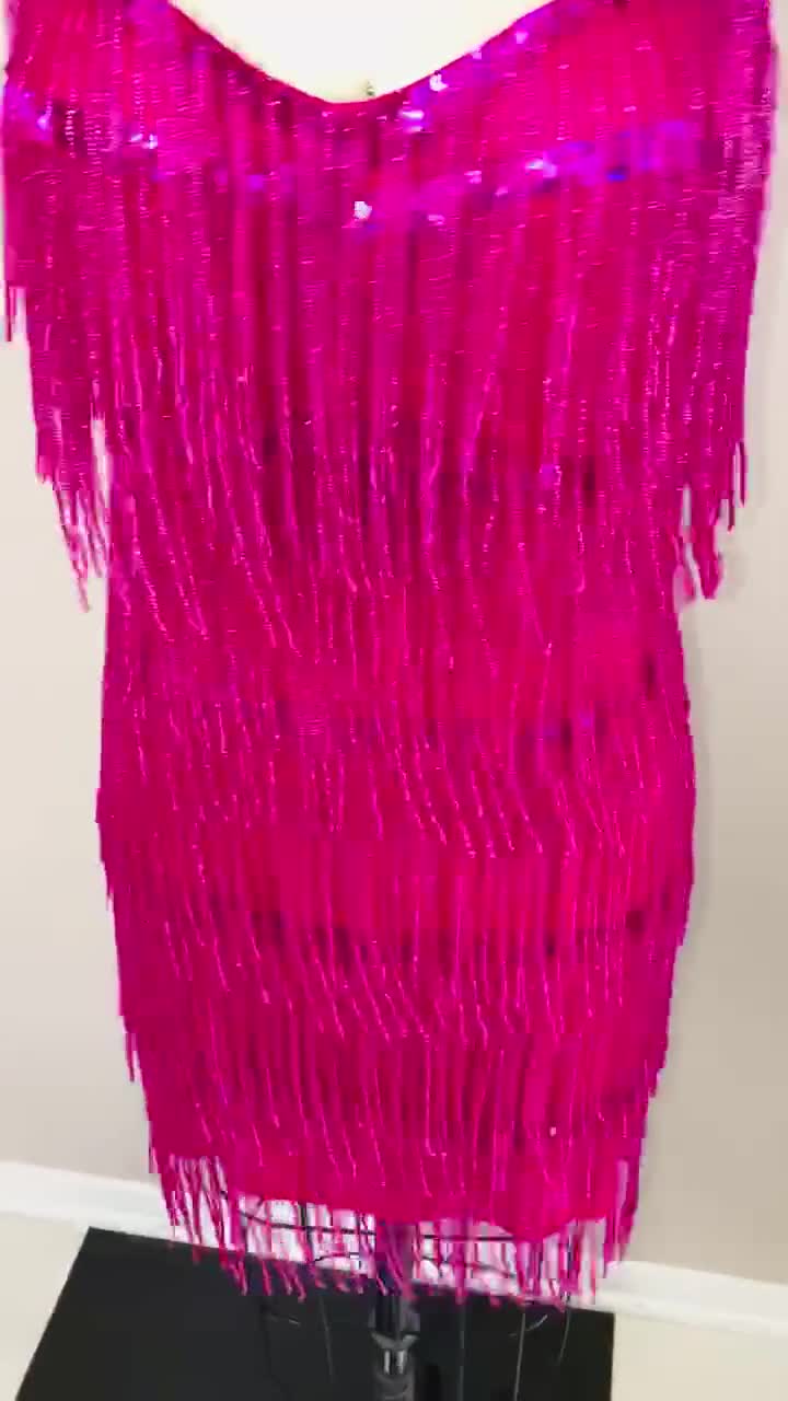 Cattail Sequined Fringe Beaded Dress // Hot Pink Silk Sequin Fringe Dress  // Magenta Sequin Embellished Wiggle Dress 