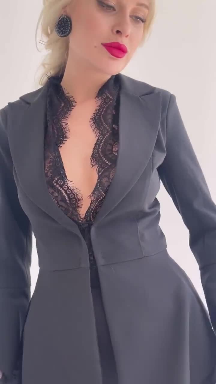 Black Women's Formal Evening Pantsuit With Deep V Blazer Fitted Decorated  With French Lace and High Waisted Flared Pants. Rehearsal Dinner 