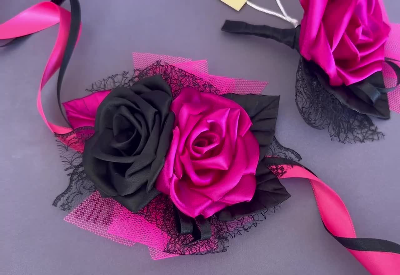 Hot Pink and Black Wristlet Corsage in Tillamook, OR - ANDERSON FLORIST