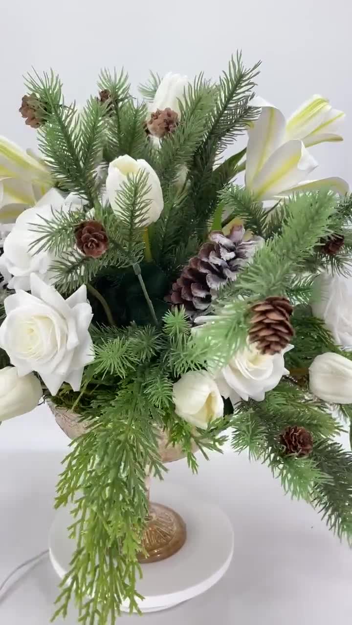 Winter French Elegant Real Touch Artificial Flower Arrangement-Christmas  Faux Centerpiece-Flowers- White Roses Flower Centerpiece Gift-Decor