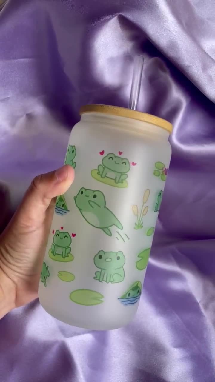 16oz Glass Cup/ Frogs / Kawaii / Glass Cup with Lid/