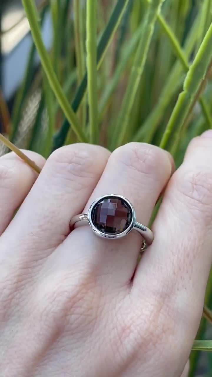 Round Smoky Quartz Sterling Silver Ring- Stackable Brown Round Smoky Quartz Sterling Silver Ring- Stackable Brown