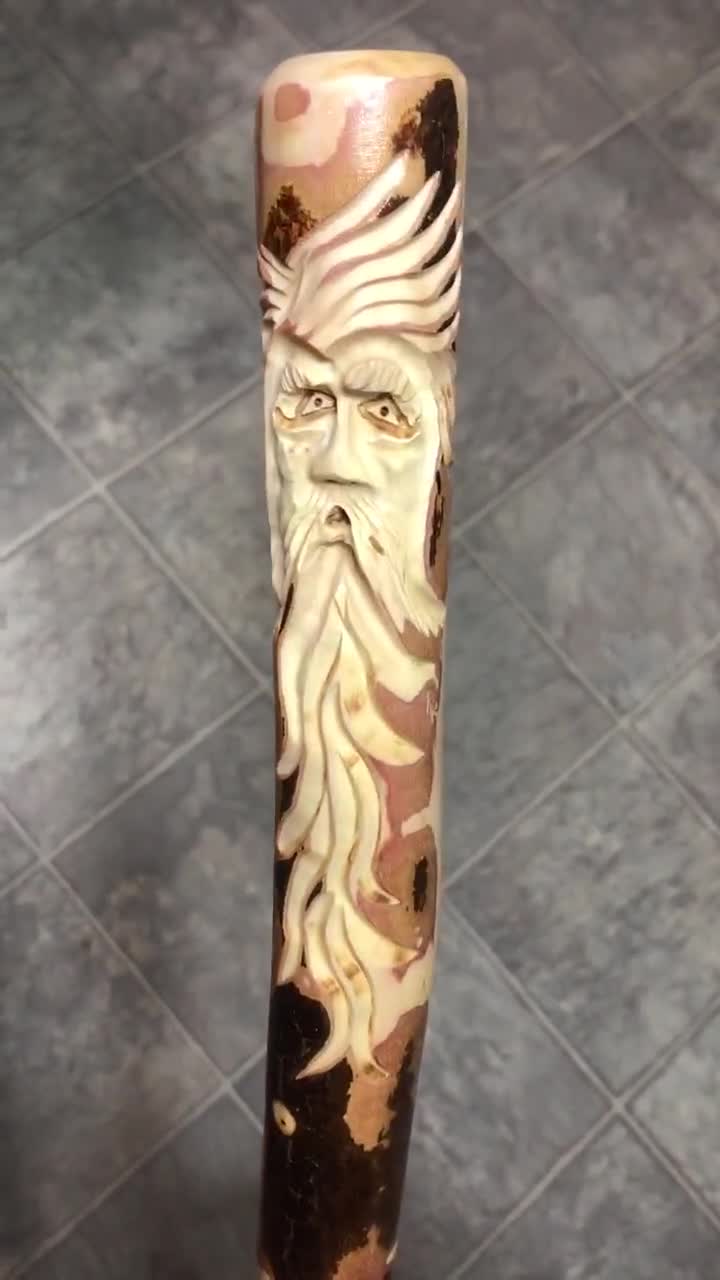 Wood Spirit Walking Stick, Hardwood Hiking Staff with Woodspirit Carving