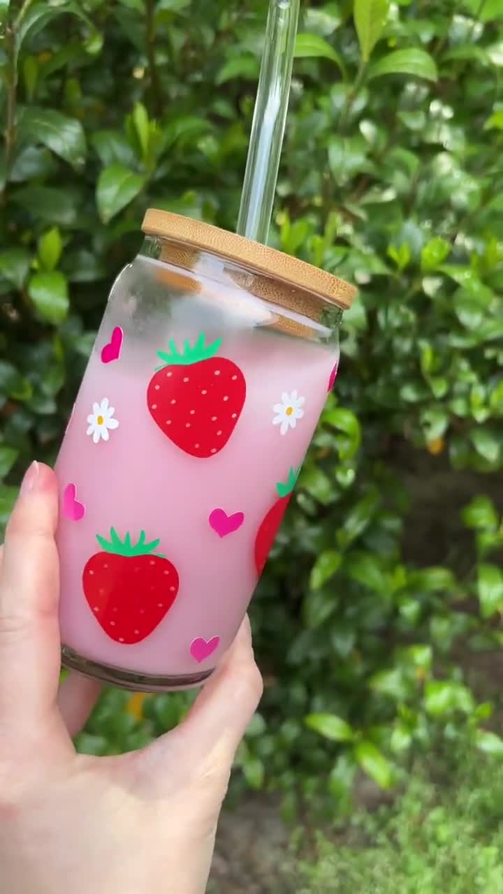 Strawberry Hearts Glass Cup Aesthetic Coffee Glass Cup Can 