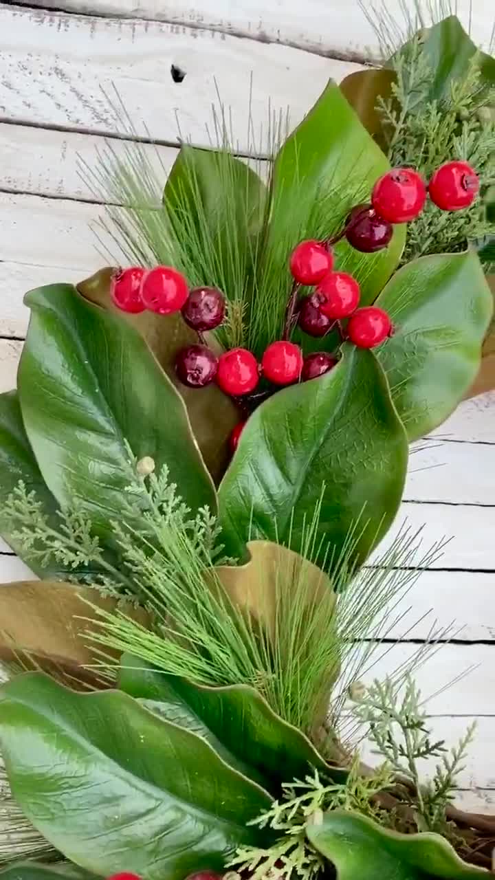 Magnolia Christmas Wreath With Evergreens and Red Berries, Pine and Cedar,  Farmhouse Holiday Wreath for Front Door 