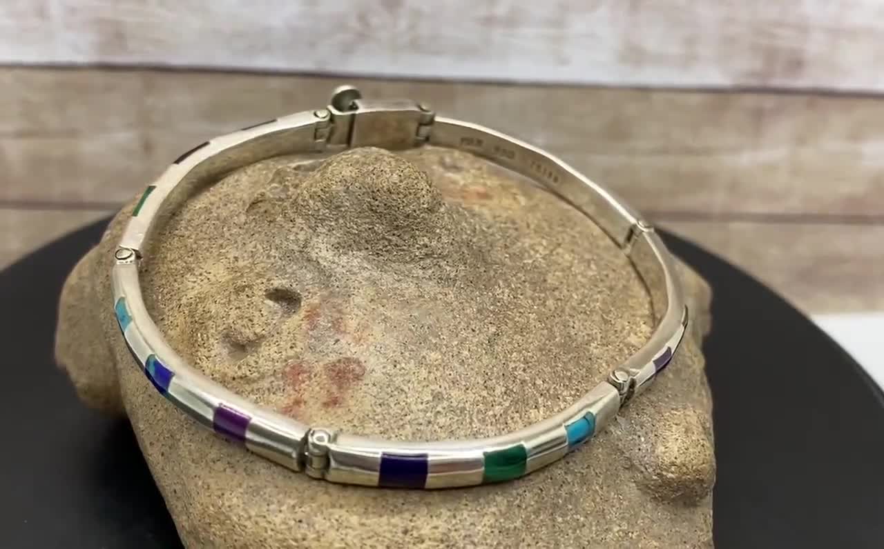 Vintage Mexico 950 Silver TR. 196 Inlay Multi Color Stone