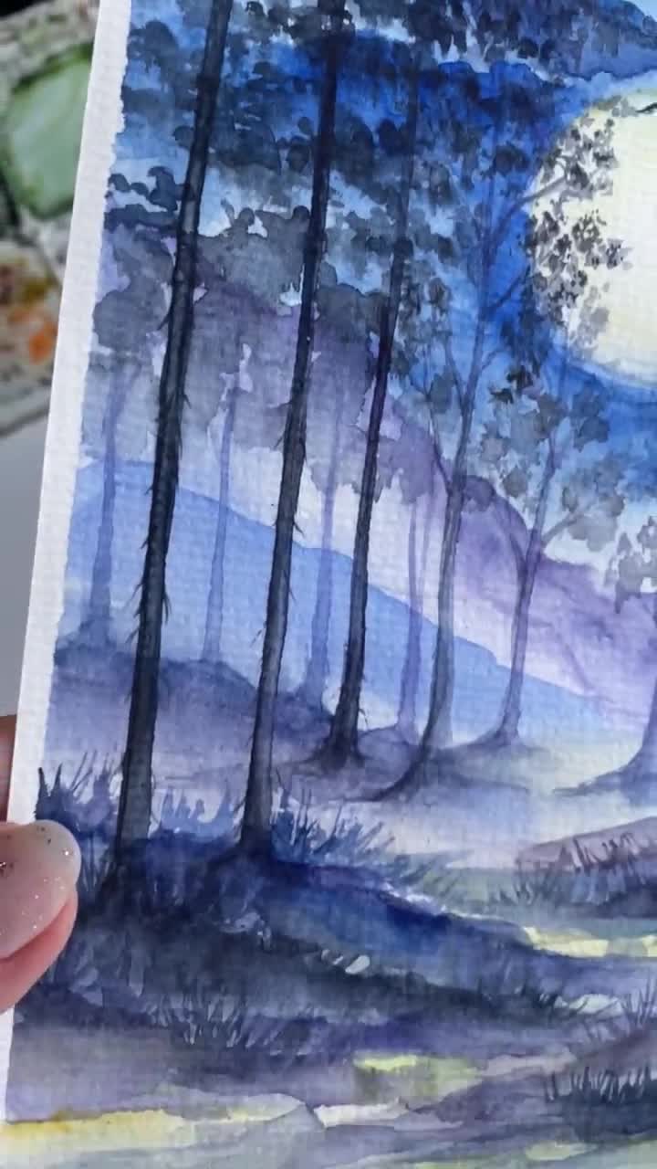 満月の松の木の水彩画：夜の森の風景画（8 x 6インチ） - Etsy 日本