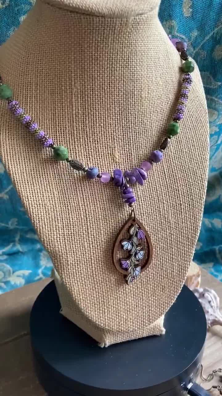 SLDbeadwork Carved Wood Necklace Purple Flower Necklace Set Druzy Charoite Boho Set Necklace Handmade Beaded Peyote Bronze Gift Unique Jewelry for Women