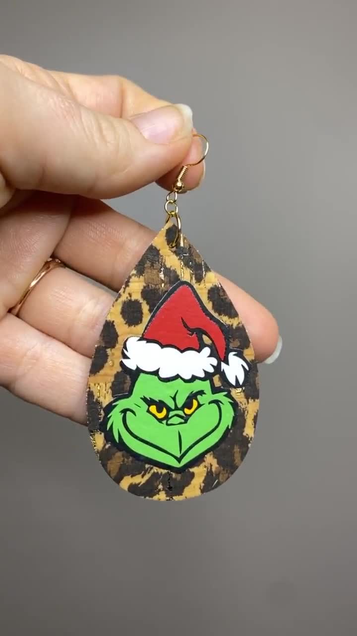 Single Layer Grinch Face With Santa Hat Glitter Faux Leather Earrings  Christmas Grinch Stole Christmas Cork Cheetah 