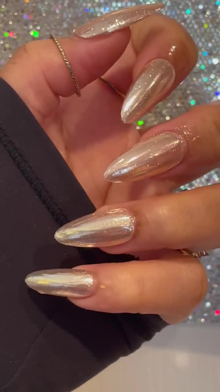 Chromed Press-on Nails Chrome Silver Metallic Glazed Pearl Gems 