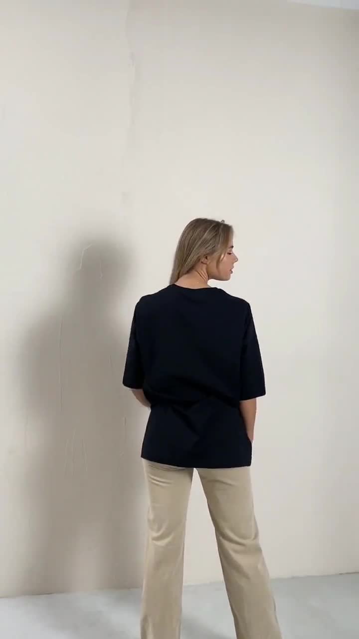 T-shirt oversize en coton avec poche Check (Noir) - Femme