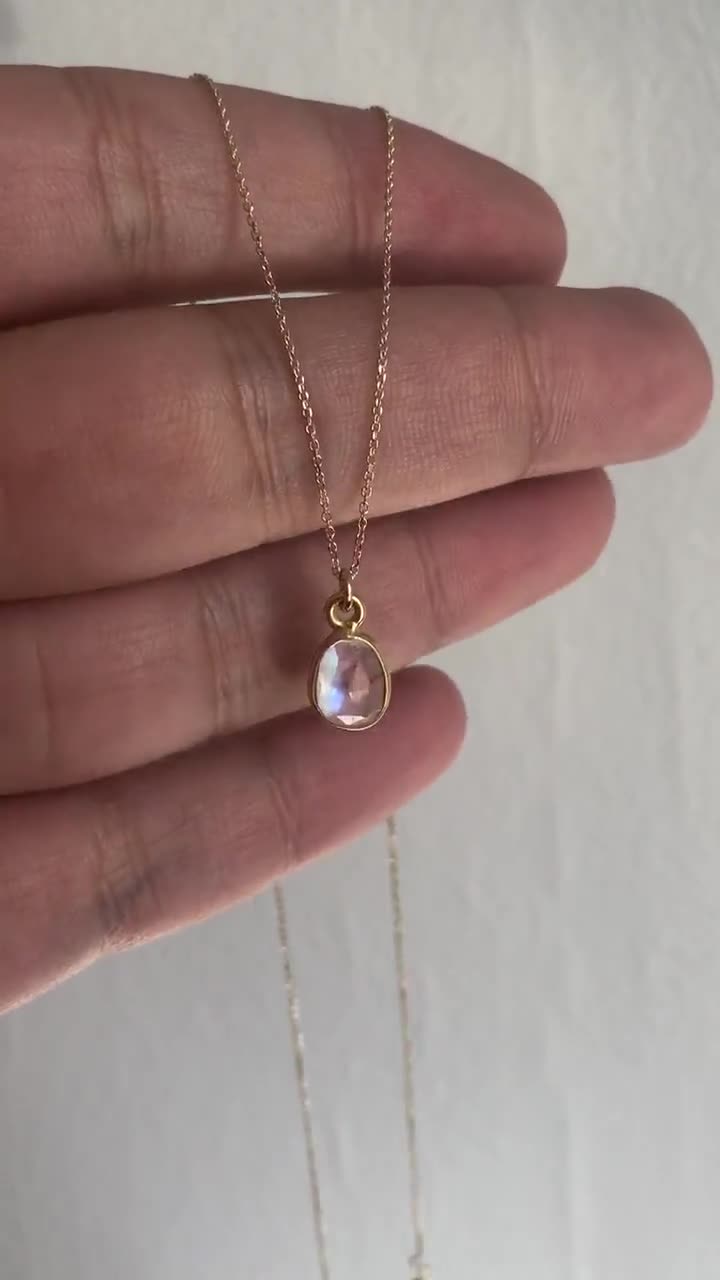 Rainbow Moonstone Necklace, Solid Gold Necklace, 14K Gold, June Birthstone,  Small Moonstone Pendant, Anniversary Gift, Birthday gift for her