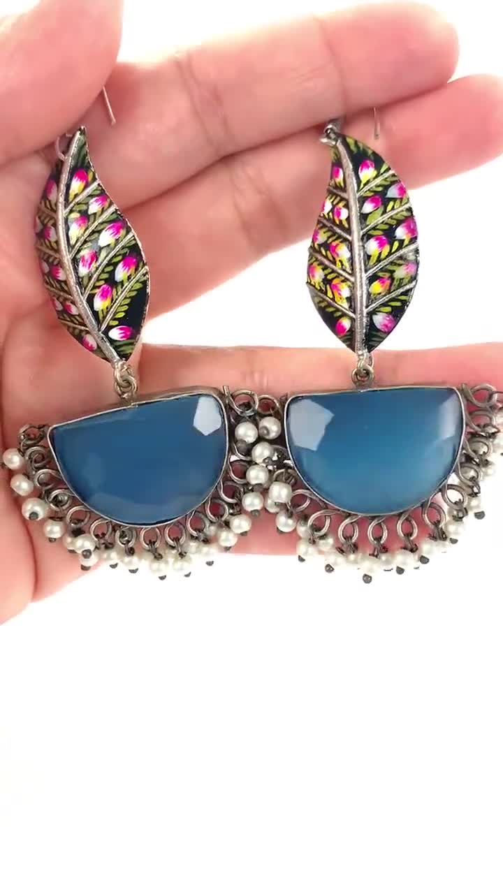 Very Pretty German Silver Fusion Earrings With a Blue Monalisa Stone and  Meenakari Design. Fish Hook Earrings in German Silver With Pearls. 
